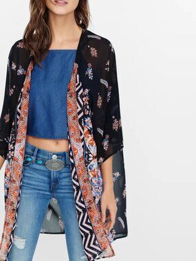 Express Womens OS Black Orange Floral Sheer Beach Kimono Cover Duster
